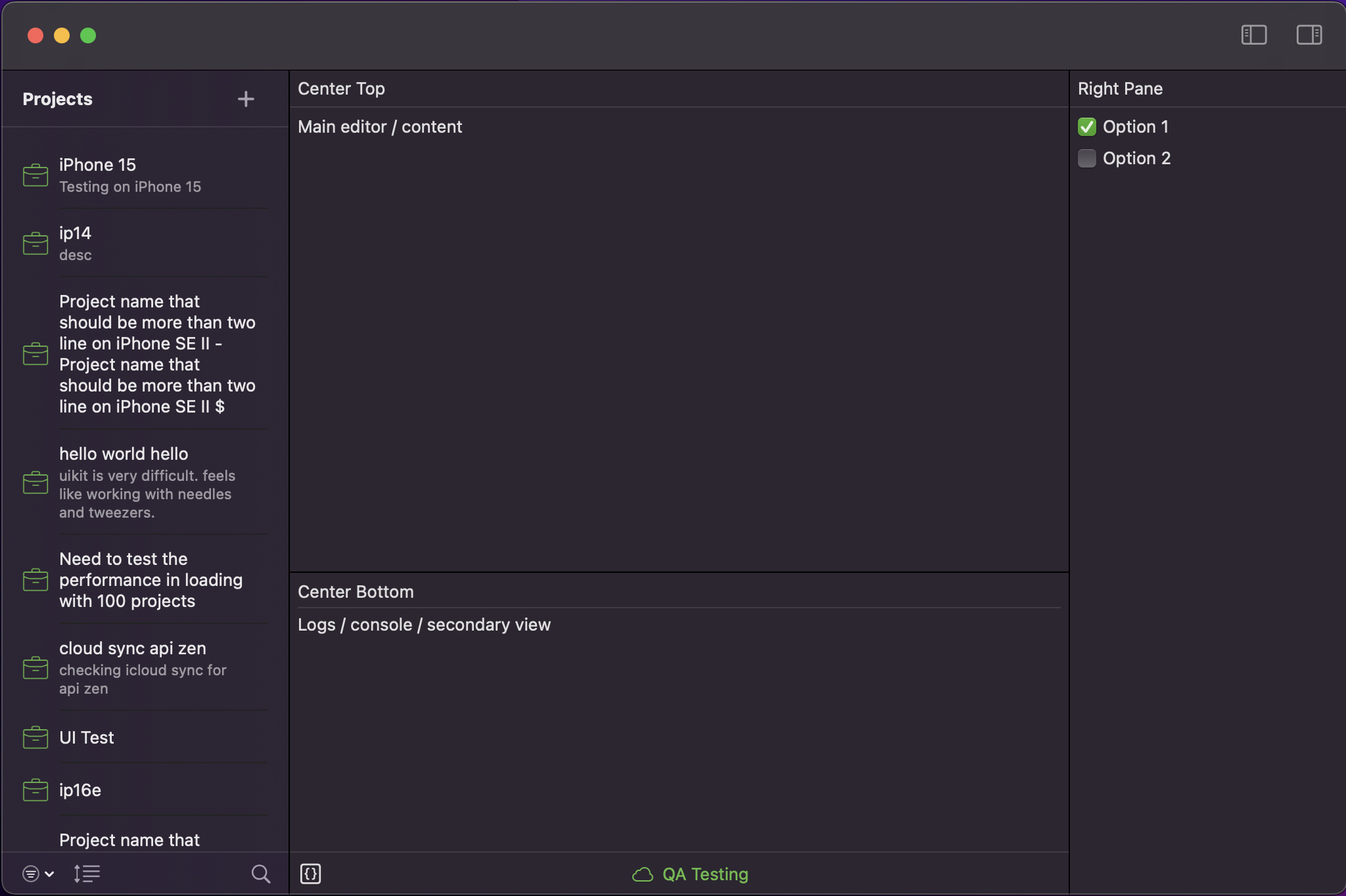 Main window with projects listing